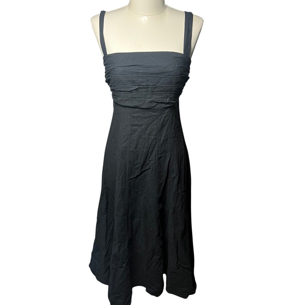 Abercrombie Fitch Black Smocked Linen blend Square Neck Midi‎ Dress Size Small - Picture 6 of 7